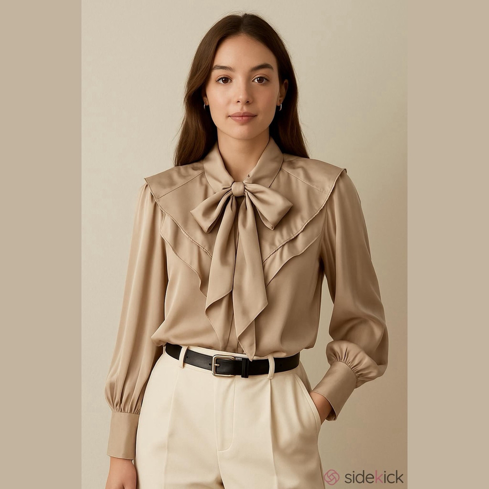 VINTAGE BERIN satin blouse top button front ruffle layers neck ties taupe large